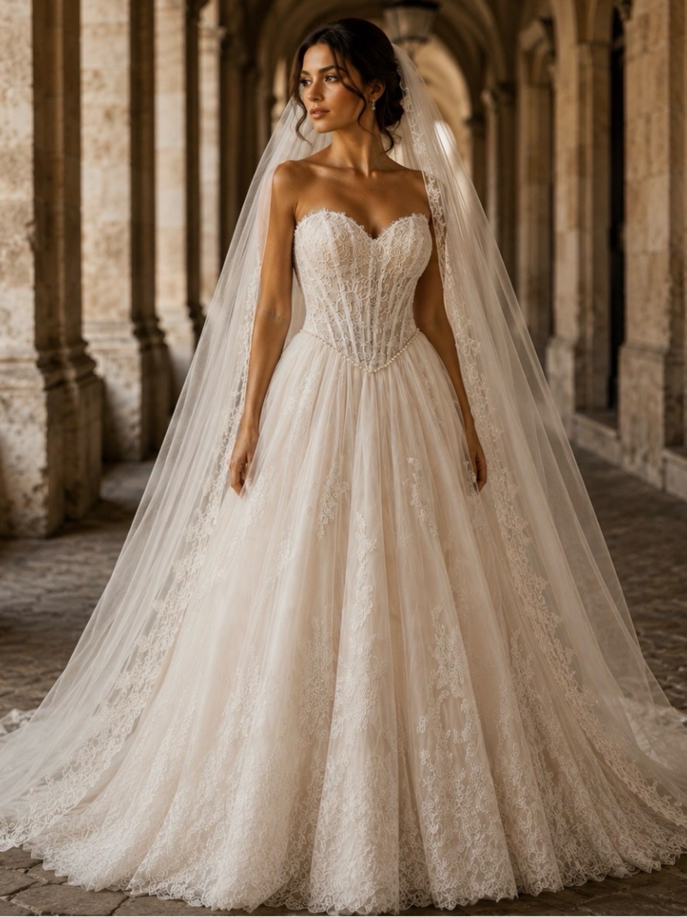 Allure Couture Strapless Lace Ball Gown Wedding Dress in Ivory